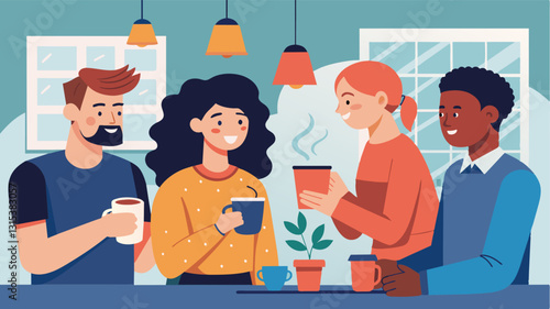 The smell of freshly brewed coffee fills the workshop as participants take a break from their art projects to socialize and connect with each other forming new friendships and. Vector illustration