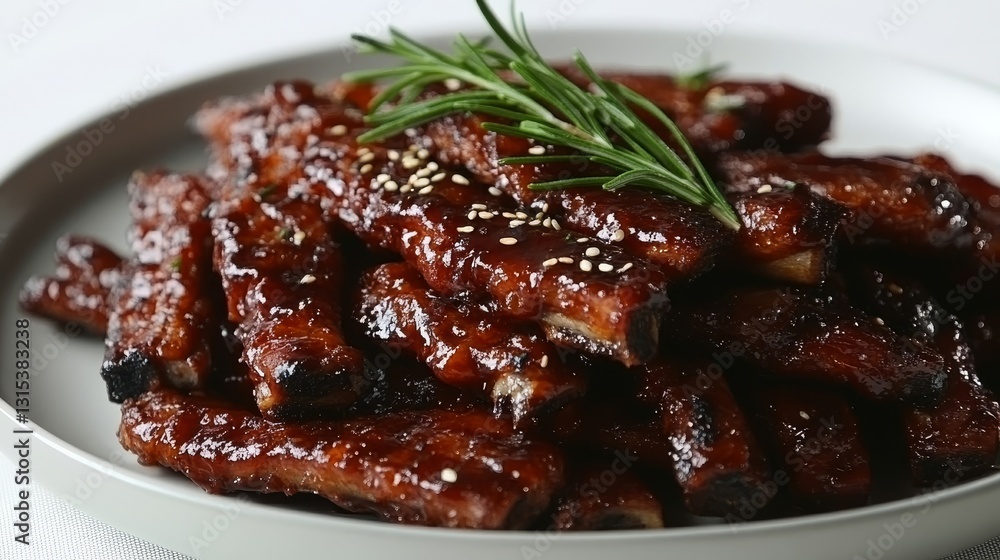 Juicy and tender bbq pork ribs are garnished with fresh parsley on a white plate, ready to be enjoyed Juicy and tender bbq pork ribs are garnished with fresh parsley on a white plate, ready to be enjoyed