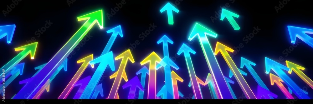 Illustration of a glowing blue arrow pointing up in bioluminescent colors. High angle view. Blue, green, purple, glowing light. Illustration of a glowing blue arrow pointing up in bioluminescent colors. High angle view. Blue, green, purple, glowing light.