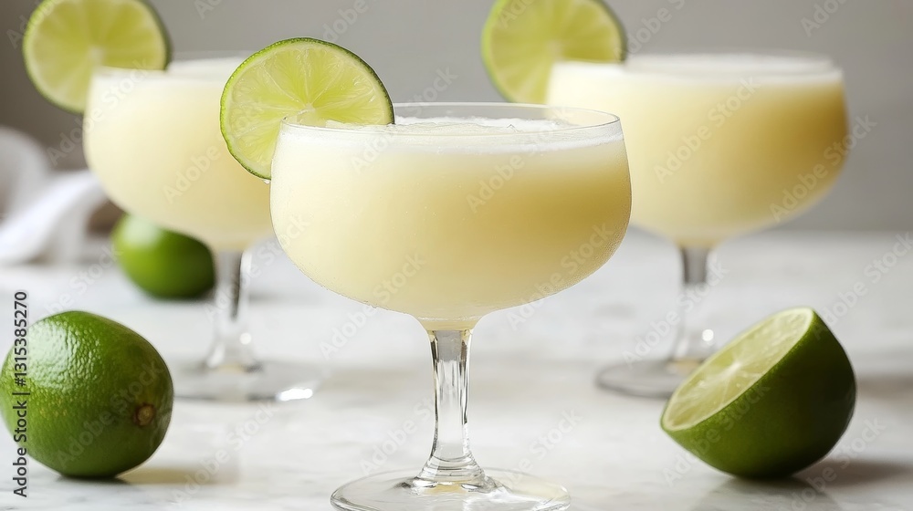 Pisco sour cocktail garnished with a lime wheel sits on a marble bar counter, ready to be enjoyed Pisco sour cocktail garnished with a lime wheel sits on a marble bar counter, ready to be enjoyed