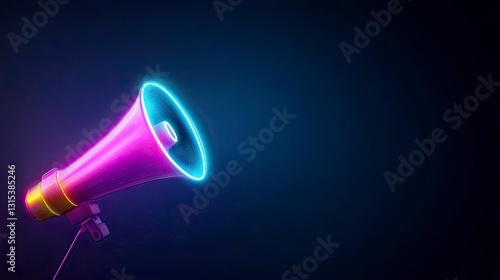Pink neon megaphone with glowing blue rim against dark blue background, copy space.