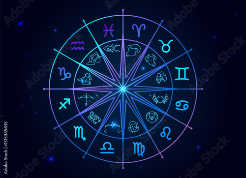 Astrology horoscope circle with zodiac signs vector background. Wheel with zodiac signs Aries, Taurus, Gemini, Cancer, Leo, Virgo, Libra, Scorpio, Sagittarius, Capricorn, Aquarius and Pisces