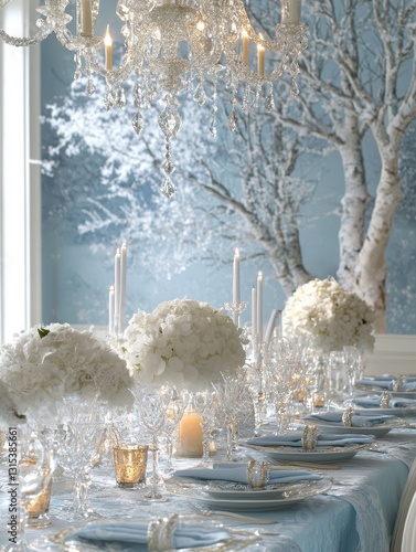 Winter white table settings featuring candles and crystal chandelier