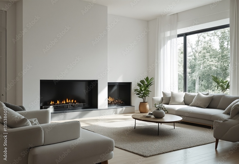 Fototapeta premium A modern living room with two fireplaces and large windows.