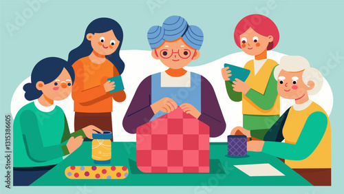 A woman in her 70s carefully stitching a quilt alongside her friends in a crafting club.. Vector illustration