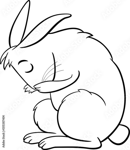 cartoon miniature rabbit animal character washing itself coloring page