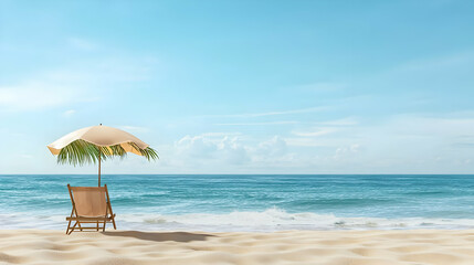 Stickers  Beige Beach Chair And Umbrella With Tropical Leaves On Sandy Shore With Ocean View Under Blue Sky On Sunny Summer Day Ideal For Vacation Relaxation  © reza
