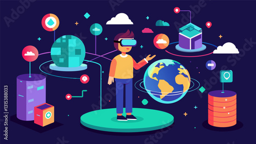 Step into a virtual realm where the boundaries between real and virtual are shattered powered by the constant influx of realtime data.. Vector illustration