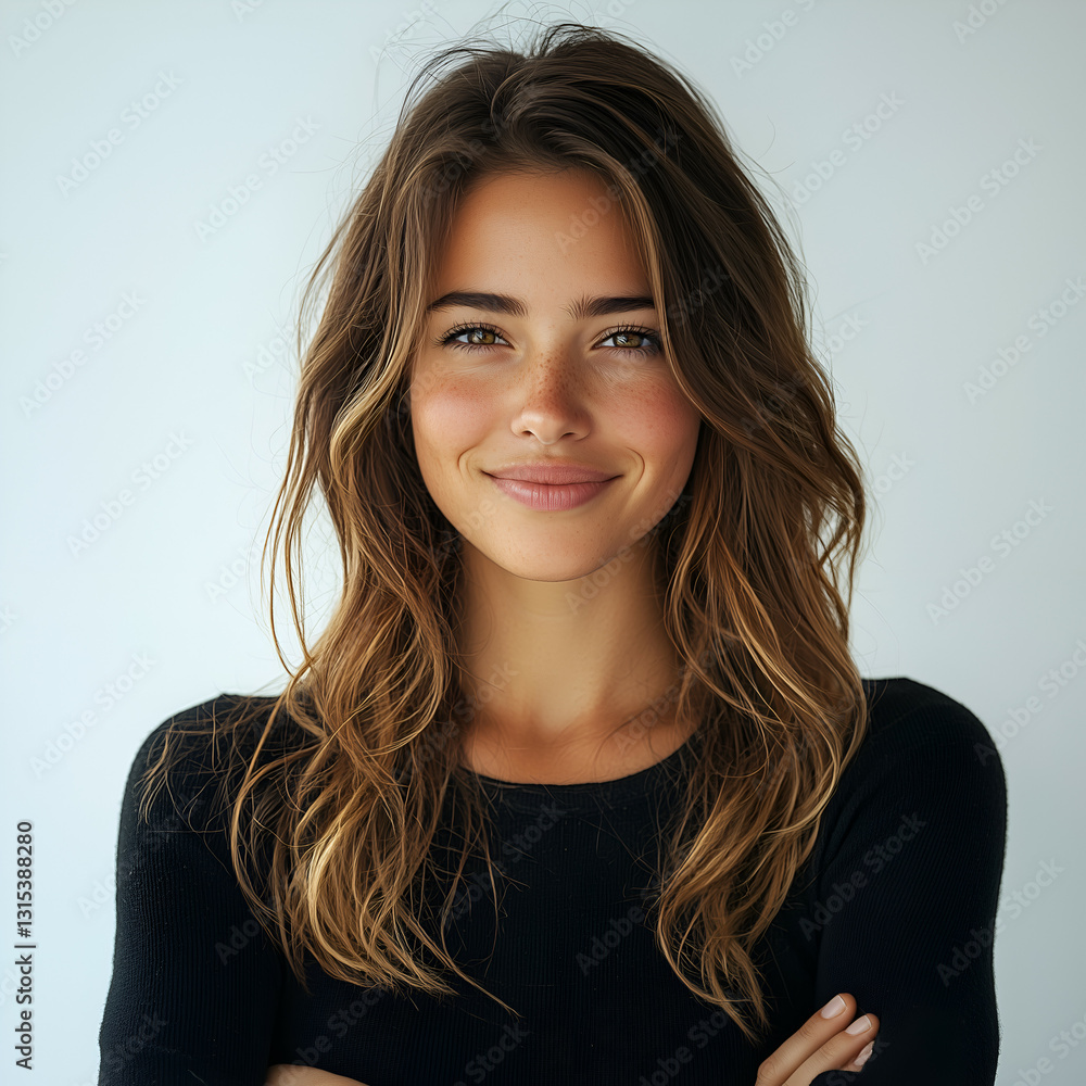 Fototapeta premium Smiling Portrait of a Beautiful Young Woman with Wavy Hair: Natural Confidence and Happiness in Studio Lighting