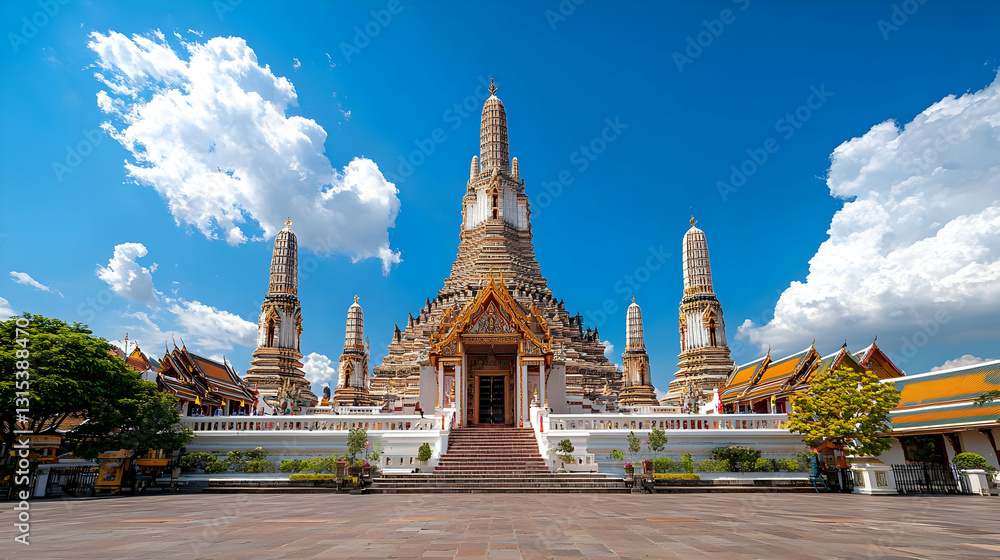 Naklejka premium Ornate Wat Pho Temple Under Bright Blue Sky in Bangkok