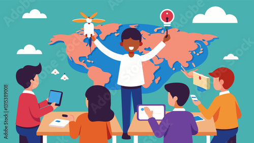 The classroom is filled with the hum of drones as students learn about geography and mapmaking using these hightech tools to explore the world from above.. Vector illustration