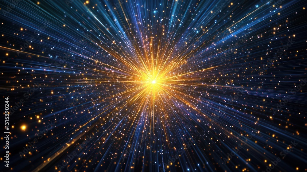 Fototapeta premium Abstract Digital Art of Golden Light Bursting from the Center surrounded by Blue Lines