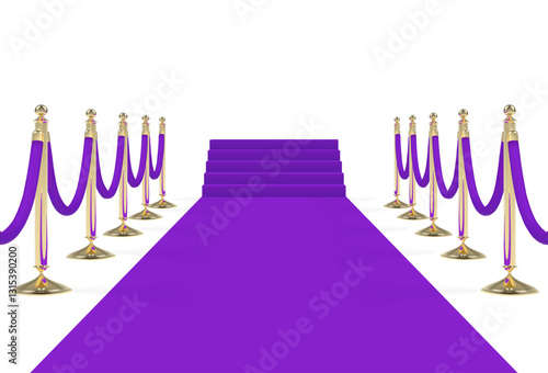 Purple carpet with stairs, podium, ropes and golden stanchions. Vector illustration.