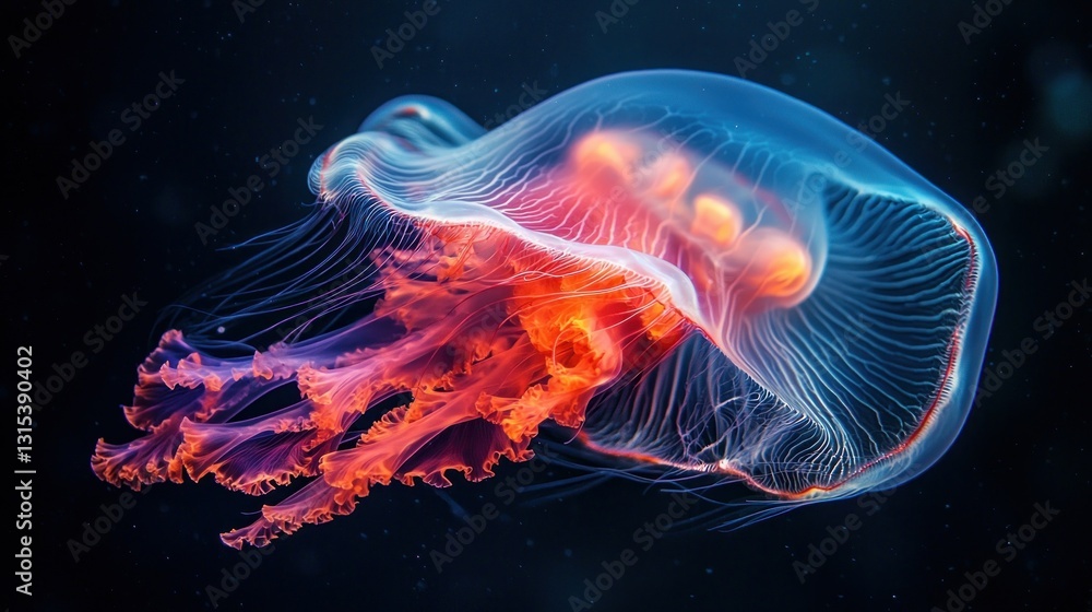 Jellyfish Luminescent, translucent jellyfish with glowing orange interior in deep ocean Jellyfish Luminescent, translucent jellyfish with glowing orange interior in deep ocean
