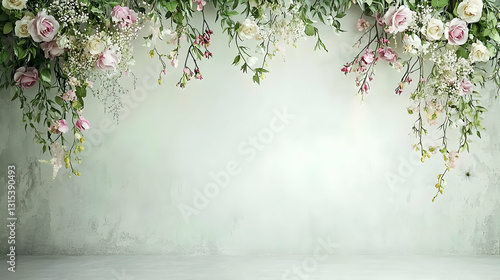 Elegant Floral Arrangement With Pink And White Flowers On A Soft Green Textured Background Ideal For Wedding Or Event Backdrop