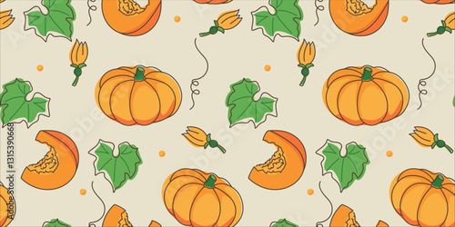 Pumpkin slices leaves buds and plant elements in flat style seamless pattern
