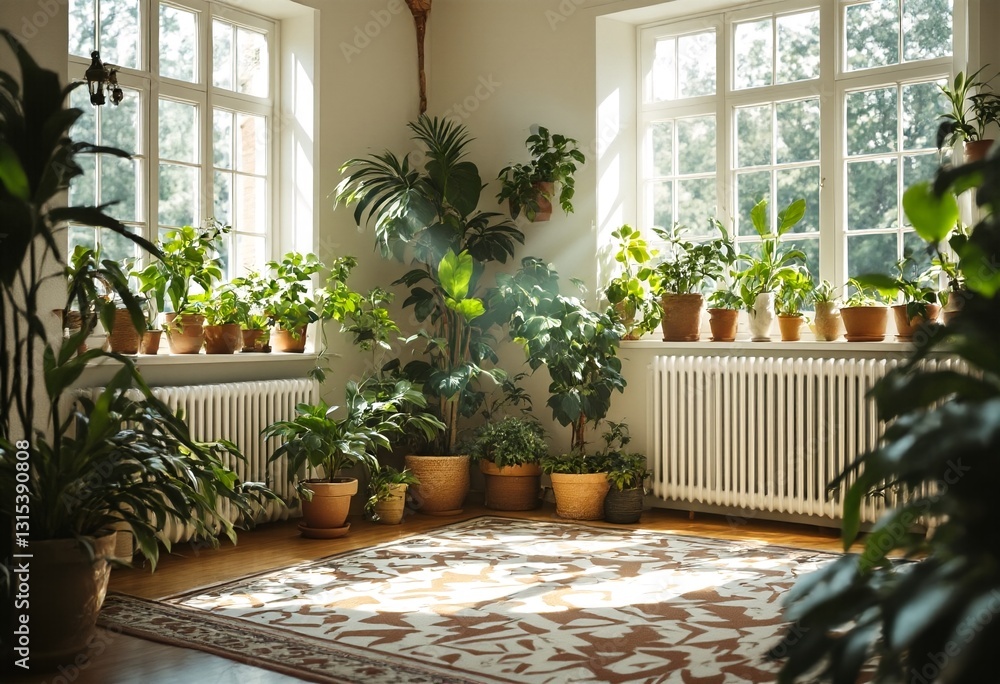 Sunlit Indoor Plant Room With Various Potted Plants and Rugs.