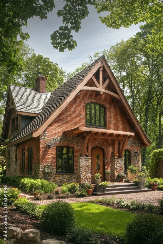 Beautiful rustic home surrounded by lush greenery in a peaceful woodland setting during the daytime, showcasing charming architecture and a well-maintained garden Beautiful rustic home surrounded by lush greenery in a peaceful woodland setting during the daytime, showcasing charming architecture and a well-maintained garden
