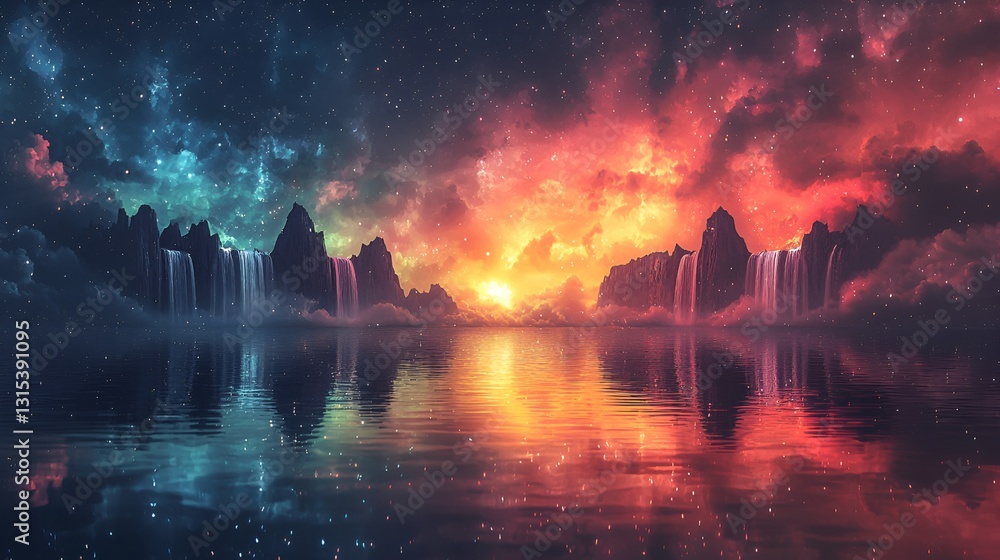 Cosmic double sunset over mirrored peaks Cosmic double sunset over mirrored peaks