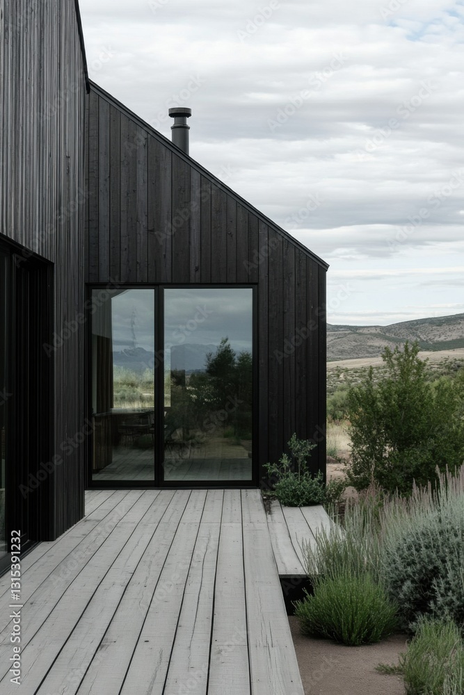 Fototapeta premium Modern architecture blends with nature in a serene mountain landscape showcasing a sleek wooden home and expansive outdoor deck surrounded by greenery