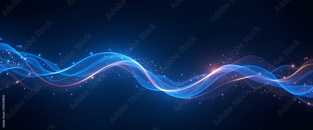 Fototapeta premium abstract wavy line in flowing style in glowing theme, shimmering sparkling, in a dark blue gradient background, connected points, minimalist, intricate details,