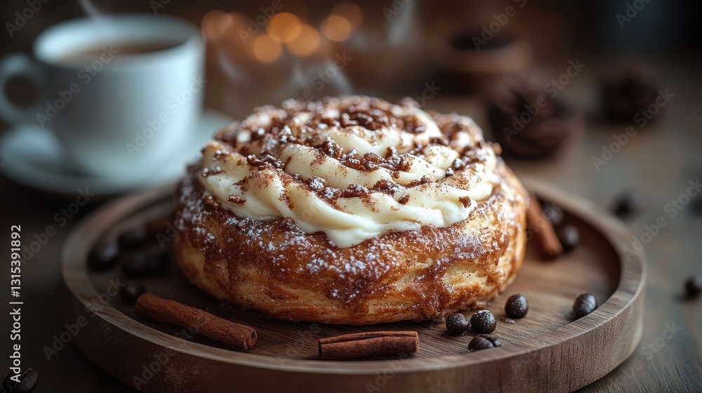 Delicious cinnamon roll topped with cream and chocolate, served with coffee Delicious cinnamon roll topped with cream and chocolate, served with coffee