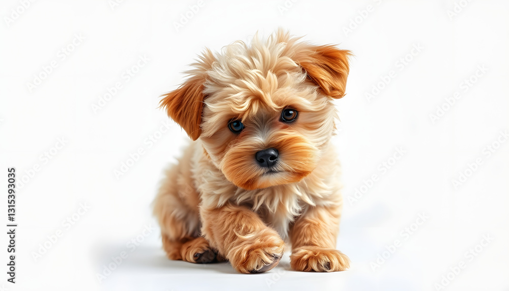 Collage made from photo of cute purebred Maltipoo with fluffy, brown fur eating, playing against white studio background. Friend, love, care and animal health, veterinary and grooming concept, water Collage made from photo of cute purebred Maltipoo with fluffy, brown fur eating, playing against white studio background. Friend, love, care and animal health, veterinary and grooming concept, water