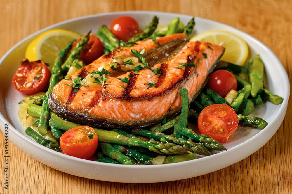 A beautifully grilled salmon fillet rests on a bed of sautéed asparagus and halved cherry tomatoes, garnished with fresh herbs and lemon slices, perfect for a healthy meal A beautifully grilled salmon fillet rests on a bed of sautéed asparagus and halved cherry tomatoes, garnished with fresh herbs and lemon slices, perfect for a healthy meal