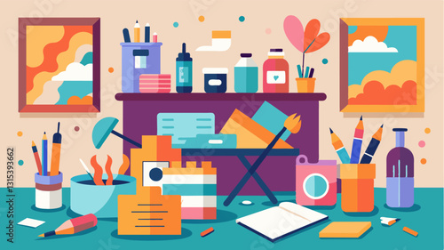 The room filled with a variety of art supplies from paints and brushes to markers and collage materials offering endless possibilities for selfexpression.. Vector illustration