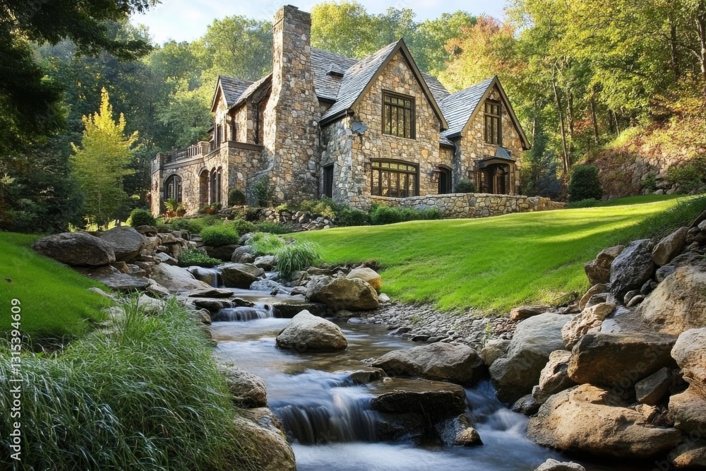 Fototapeta premium Beautiful stone cottage with lush green landscape and flowing stream surrounded by trees and colorful foliage in the serene countryside during autumn