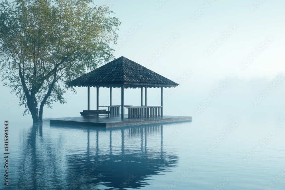 Fototapeta premium Tranquil wooden pavilion on a misty lake surrounded by serene nature