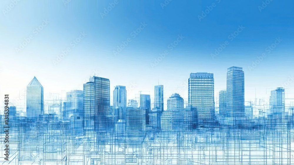Obraz premium Blue Blueprint City Skyline Against Clear Sky With Architectural Design Elements