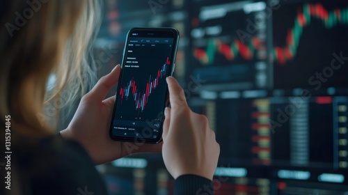 Businesswoman analyzing stock market data on smartphone with charts displayed on multiple screens