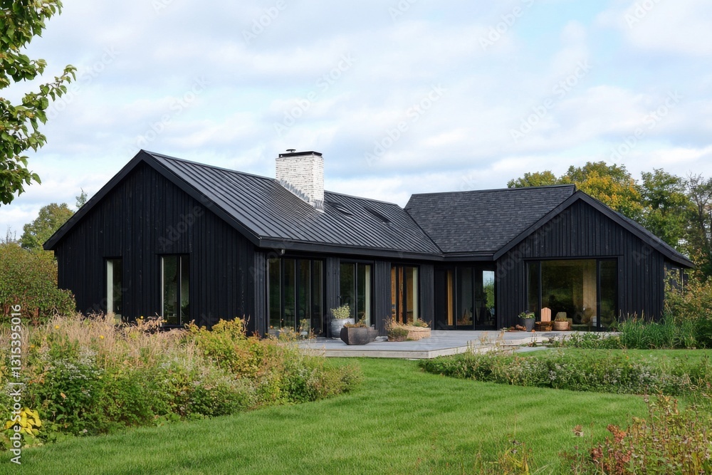 Obraz premium A contemporary black house featuring large, expansive windows is beautifully nestled amidst lush greenery, creating a serene atmosphere during the bright daylight hours