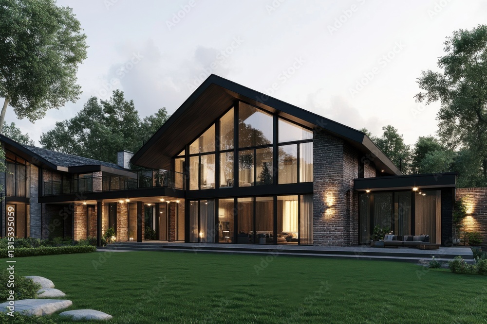 Obraz premium Modern architecture showcases a beautiful home surrounded by lush greenery during twilight, emphasizing stunning glass features and a tranquil outdoor space