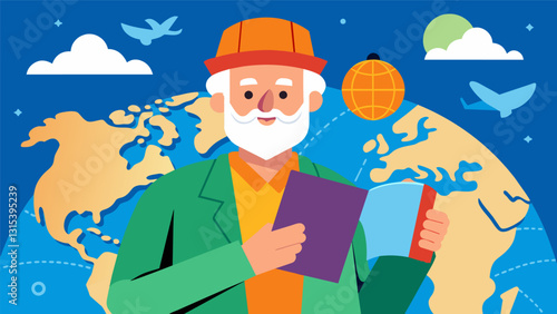 An adventurous globetrotter in their 70s sharing travel guides and tips for seniors to explore the world.. Vector illustration