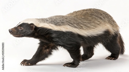 honey badger in full view on white studio background