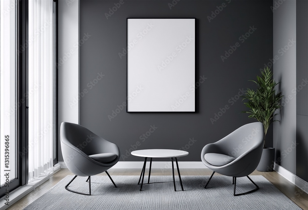 A modern minimalist sitting room with dark grey walls and white trim, featuring two chairs, a coffee table, and a large window. A modern minimalist sitting room with dark grey walls and white trim, featuring two chairs, a coffee table, and a large window.