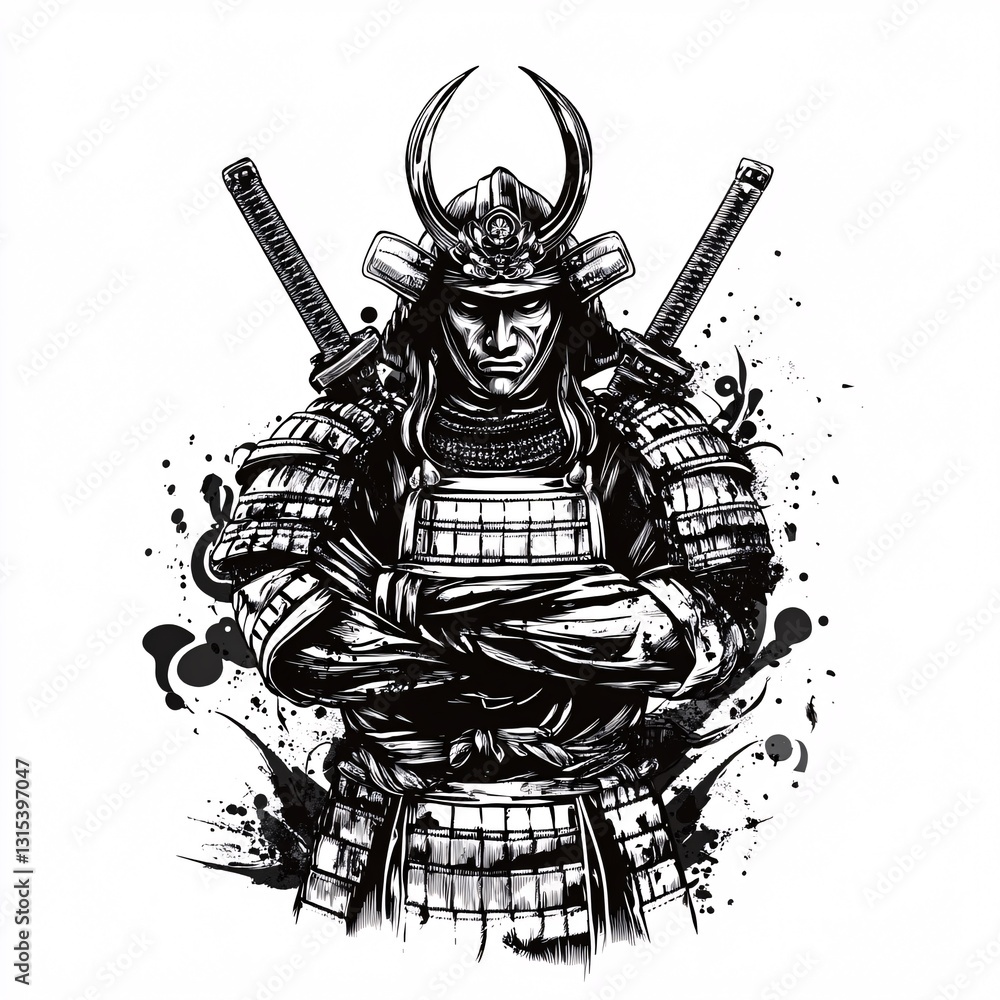 Obraz premium Vector Art Depicting Samurai Warrior with Detailed Armor on Blank Background