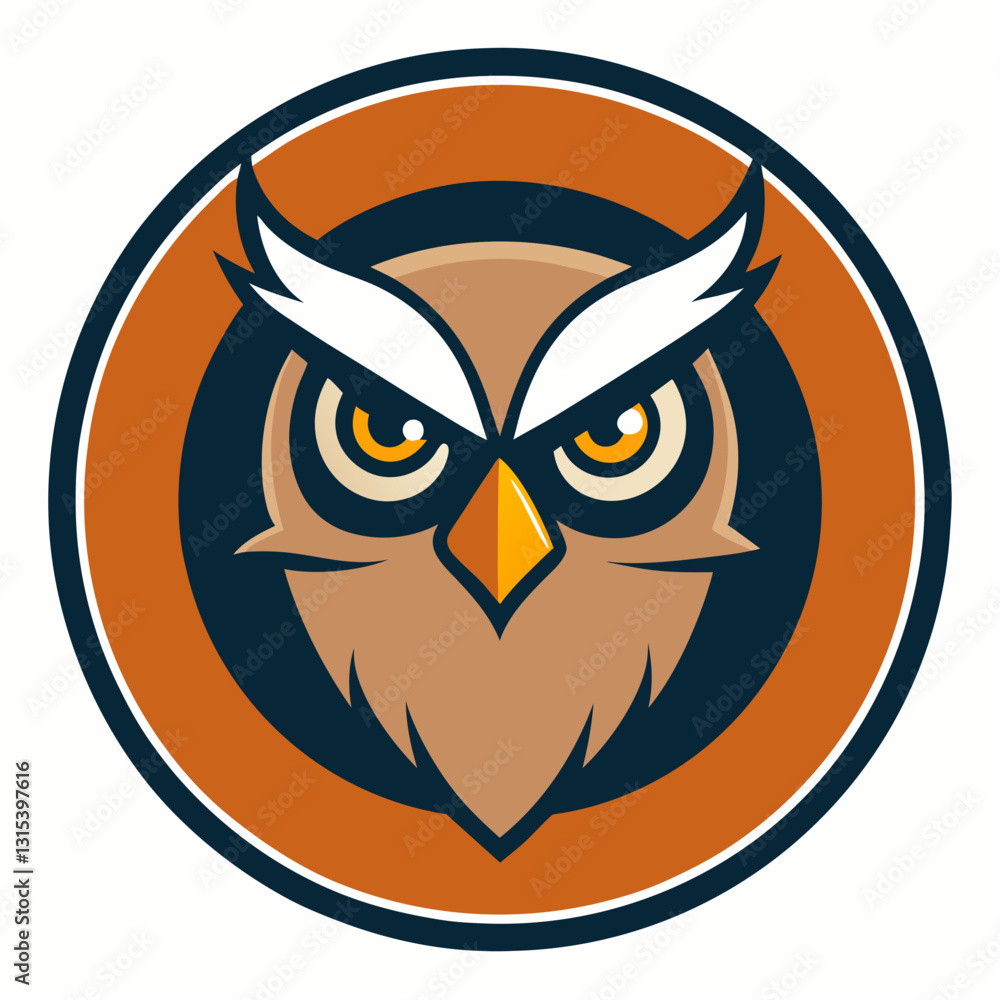 Naklejka premium a cartoon illustration of an owl's head with intense eyes within a circular frame. The owl has brown feathers, white eyebrows, and a sharp beak, vector cartoon illustration