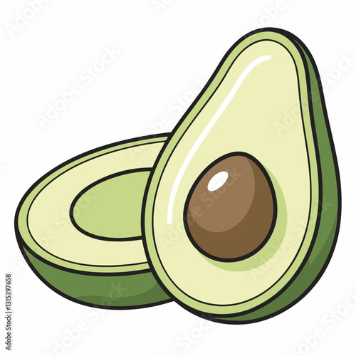 fresh avocado halves with pit, healthy green fruit, isolated image, vector cartoon illustration