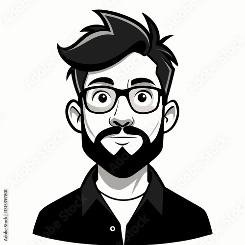 a portrait of a man with glasses and a beard, depicted in black and white style, vector illustration