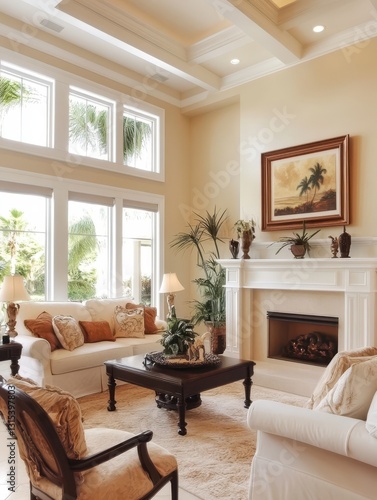 Living room featuring fireplace with sofa and coffee table photo