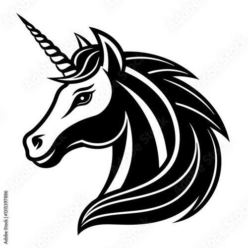 black and white illustration of a unicorn head with a long, spiraled horn. It has a flowing mane and tail, and a gentle, whimsical expression.  vector illustration