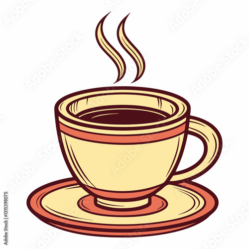 a vector cartoon illustration of a warm, steaming cup of coffee resting on a matching saucer