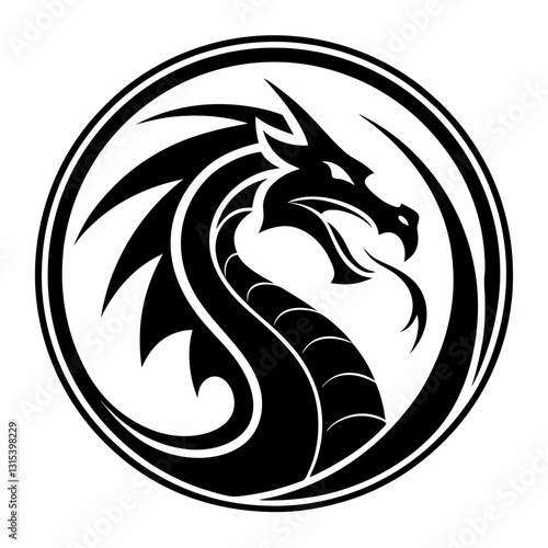 a black dragon mascot head logo within a circular frame, featuring a mythical creature's head with intricate details and a stylized design. vector illustration