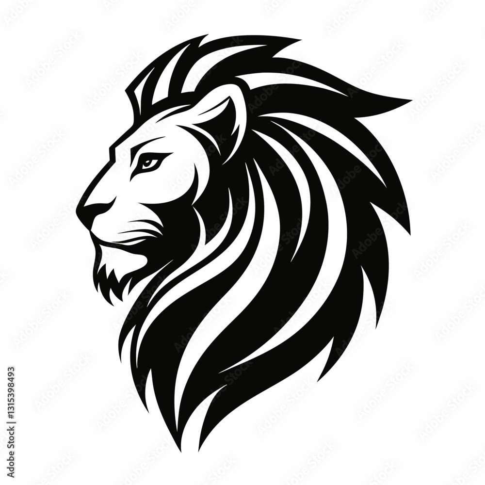 Fototapeta premium a regal lion mascot head logo depicted in black and white. Its mane is flowing, and it has a powerful gaze. This image embodies strength and leadership, vector illustration