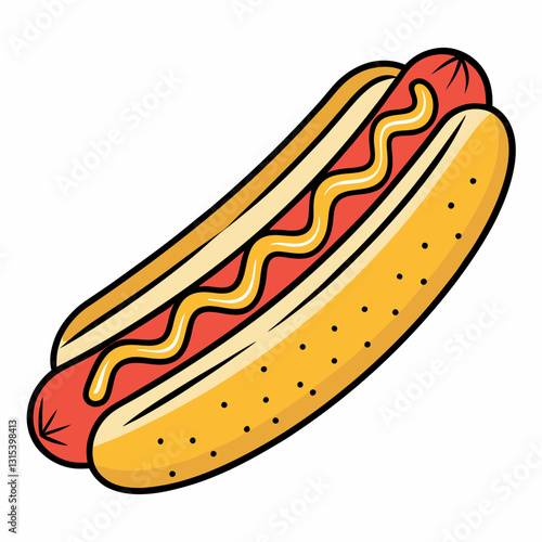 A delicious, classic hot dog with mustard, nestled in a toasted bun, ready to be enjoyed, vector cartoon illustration
