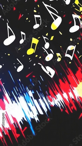 Musical surge with notes and vibrant color streaks