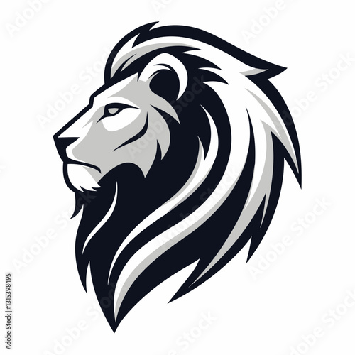 a regal lion mascot head logo depicted in black and white. Its mane is flowing, and it has a powerful gaze. This image embodies strength and leadership, vector illustration
